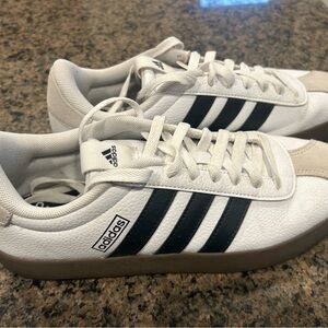 adidas Women’s White Sneakers with Black Stripes and Gum Sole